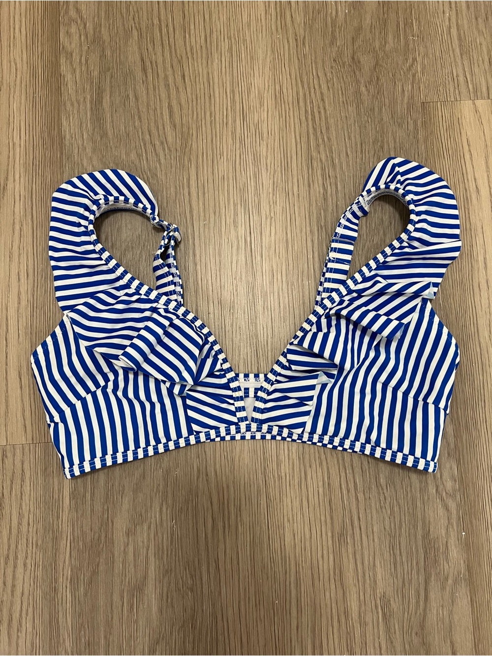 Blue White Striped Ruffle Bikini Top V Neck Swim Size Medium